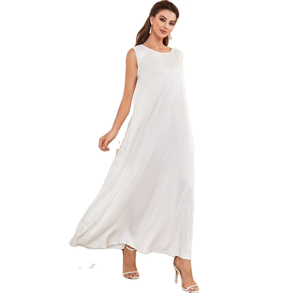 Good Quality White Color Silk Feeling O Neck Loose Size Matching All Clothes Sleeveless Women Dress