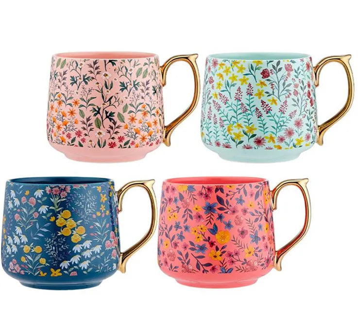 Europe Floral Bloomy Design 4 Colors Luxury Drinkware Ceramic Coffee Mug for Souvenir Gifts