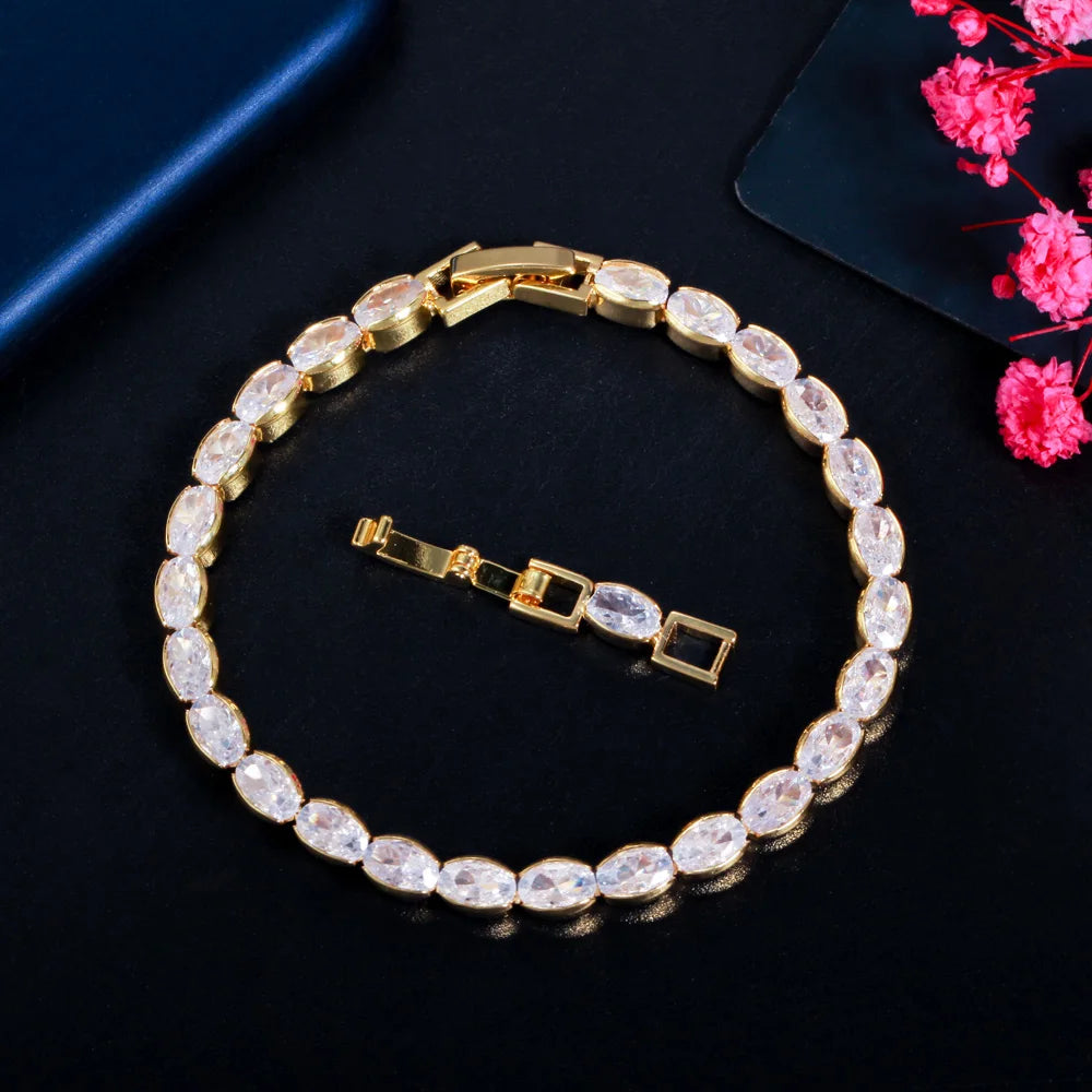 Bright 18k Gold Plated Oval Cut Clear White Cubic Zirconia Stone Women Tennis Bracelet Jewelry for Ladies Wedding Bridal Prom MegaBDM
