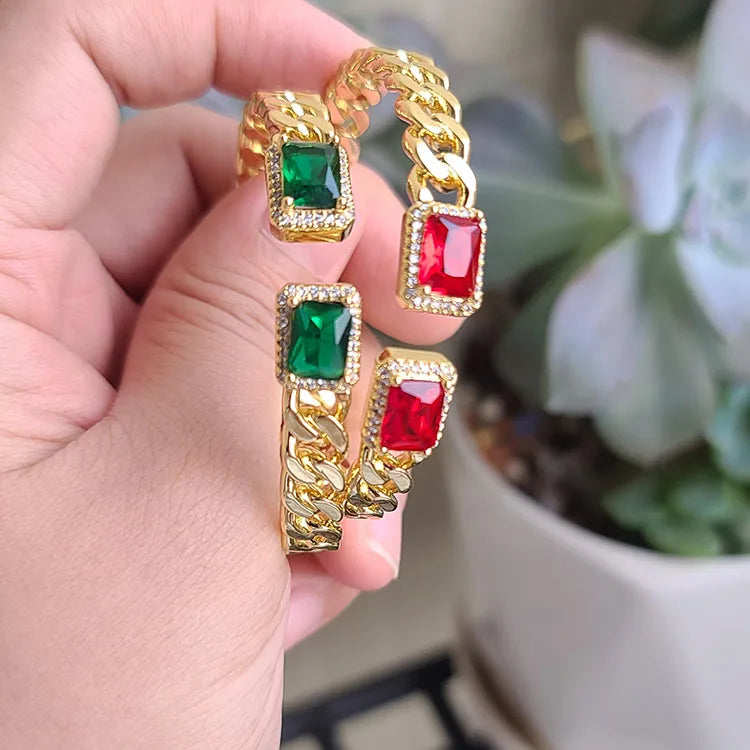 BC2079 18k Gold Plated Double Stones Rainbow Rectangle Crystal CZ Diamond Paved Cuff Bangle Bracelet
