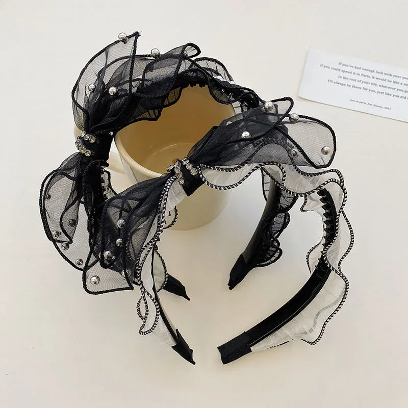 Korean Fashion Women's Bow Rhinestone Tulle Hairband Girls Cute Makeup Headband