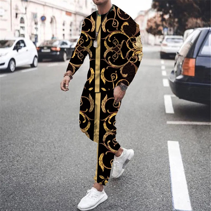 Tracksuit Set Men 2 Piece Men's Clothing Suit Ice Silk Summer Streetwear 3d Luxury Vintage Long Sleeve Printed Man Sportswear