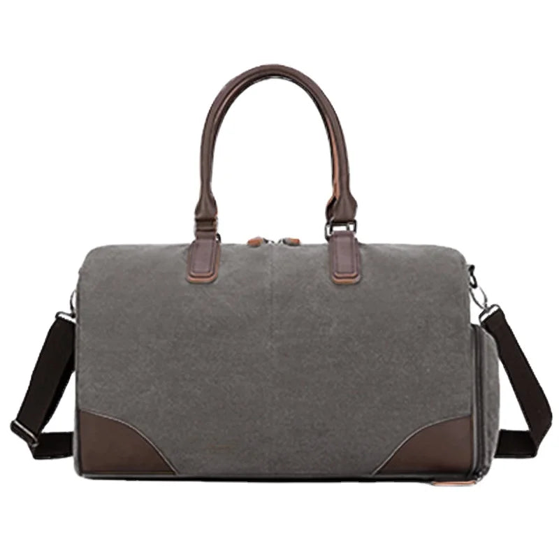 Large Leather Handle Men's Travel Gym Duffle Bag Cheap Cotton Canvas Shoe Compartment Zipper Closure Fashionable Weekend Bag