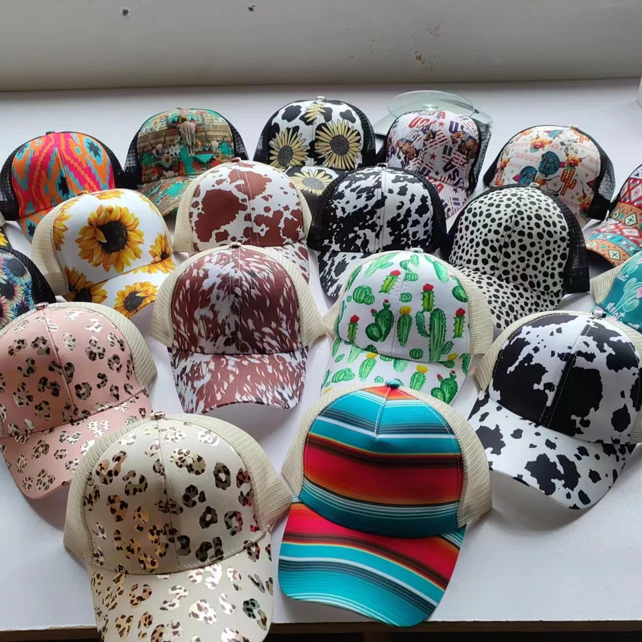 Women Sunflower Leopard Ponytail Hats Summer Mesh Cotton Baseball Sports Caps Messy Buns CrissCross Ponytail Hat