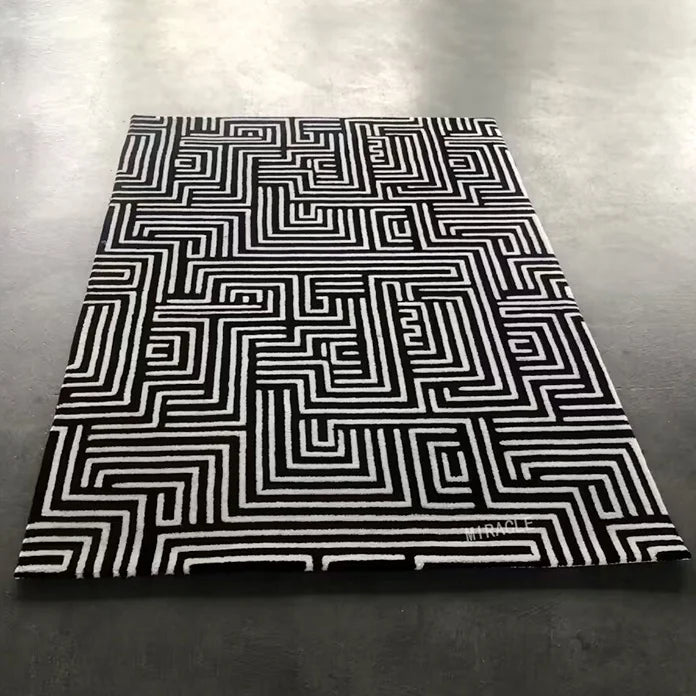 Custom Geometric Rice Color/black Area Carpet Modern Lines Large Living Room Decoration Rugs for Bedrooms Offices Kitchen Puffy