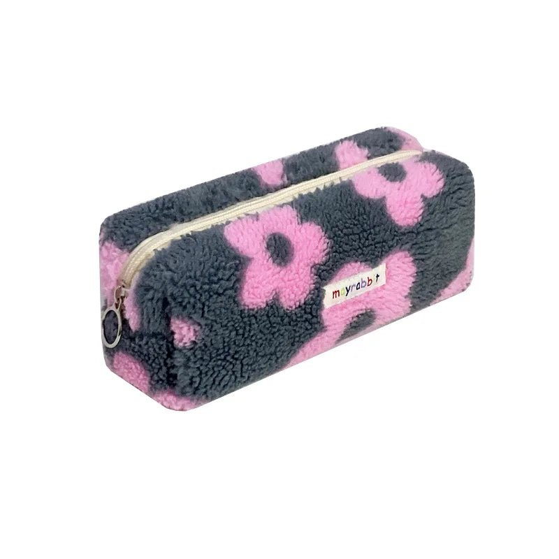 Cute Travel Toiletry Bag Large Capacity Student Stationery Storage Plush Flower Pen Bag with Fashion Zipper Closure