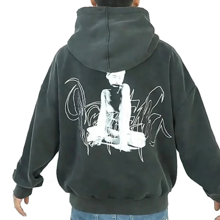 Factory Custom Long Sleeve Stone Wash Hoodies Men's Acid Wash Hoodies Custom Logo Faded Hoodies