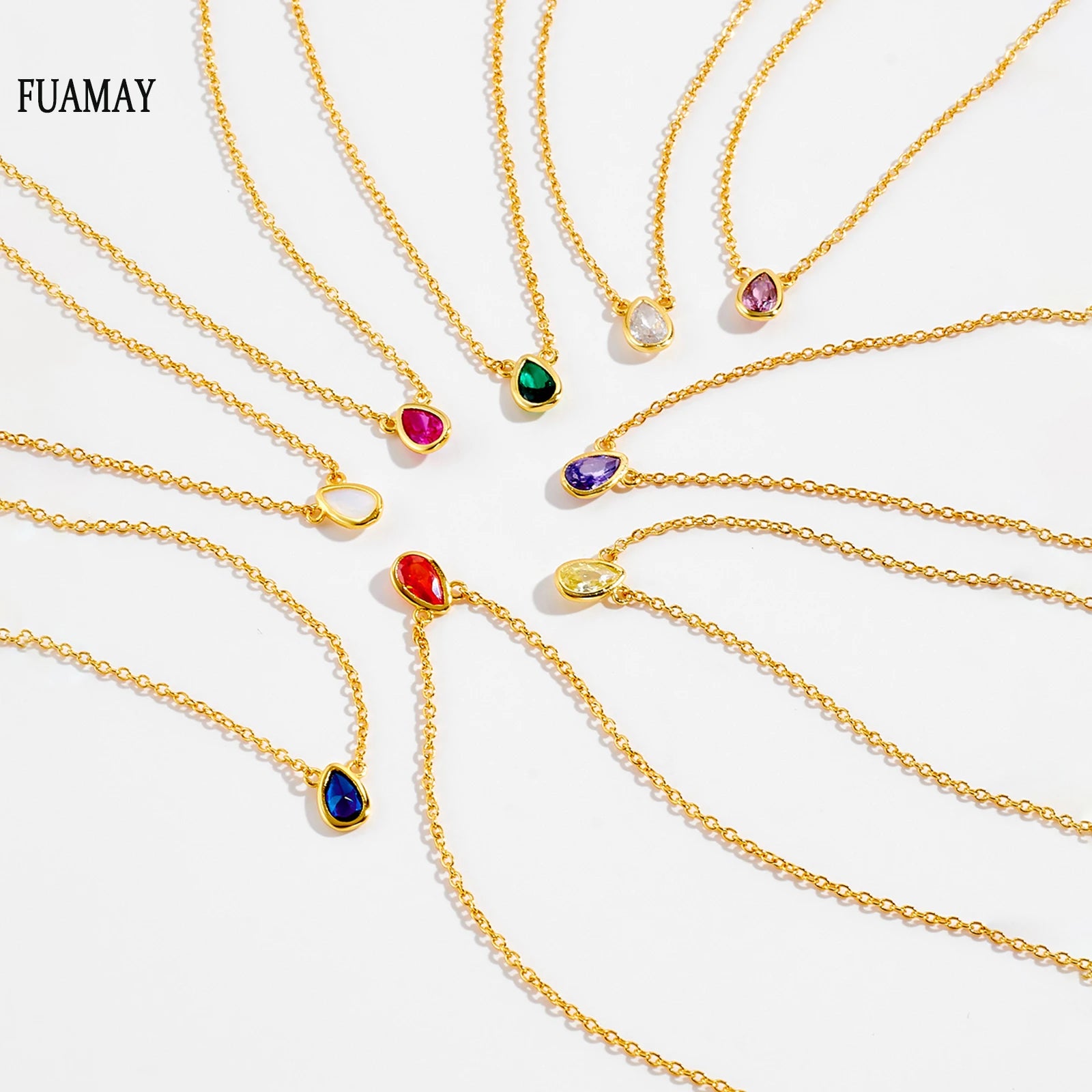 FUAMAY 925 Silver Pear Yellow Diamond Necklace Opal Amethyst Pink Rose Blue CZ Zirconia Birthstone Pear Shaped Necklaces