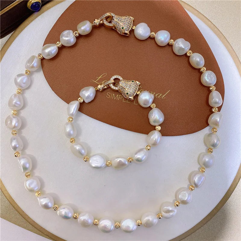 Certified 11-12Mm European and American Style Atmospheric Leopard Head Freshwater Shaped Baroque Pearl Beads Necklace Set