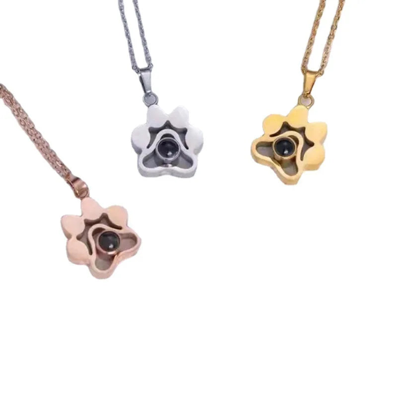 Paw Print Charm Gold Plated Stainless Steel Jewelry 100 Language I love You Necklace Custom Photo Projection Necklace for Women