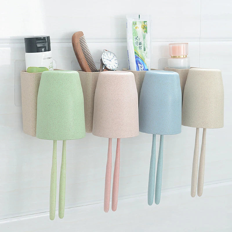 Creative Household Eco-Friendly Multifunctional Wheat Straw Wall Mounted Bathroom Accessory Cup Set Includes Toothbrush Holder