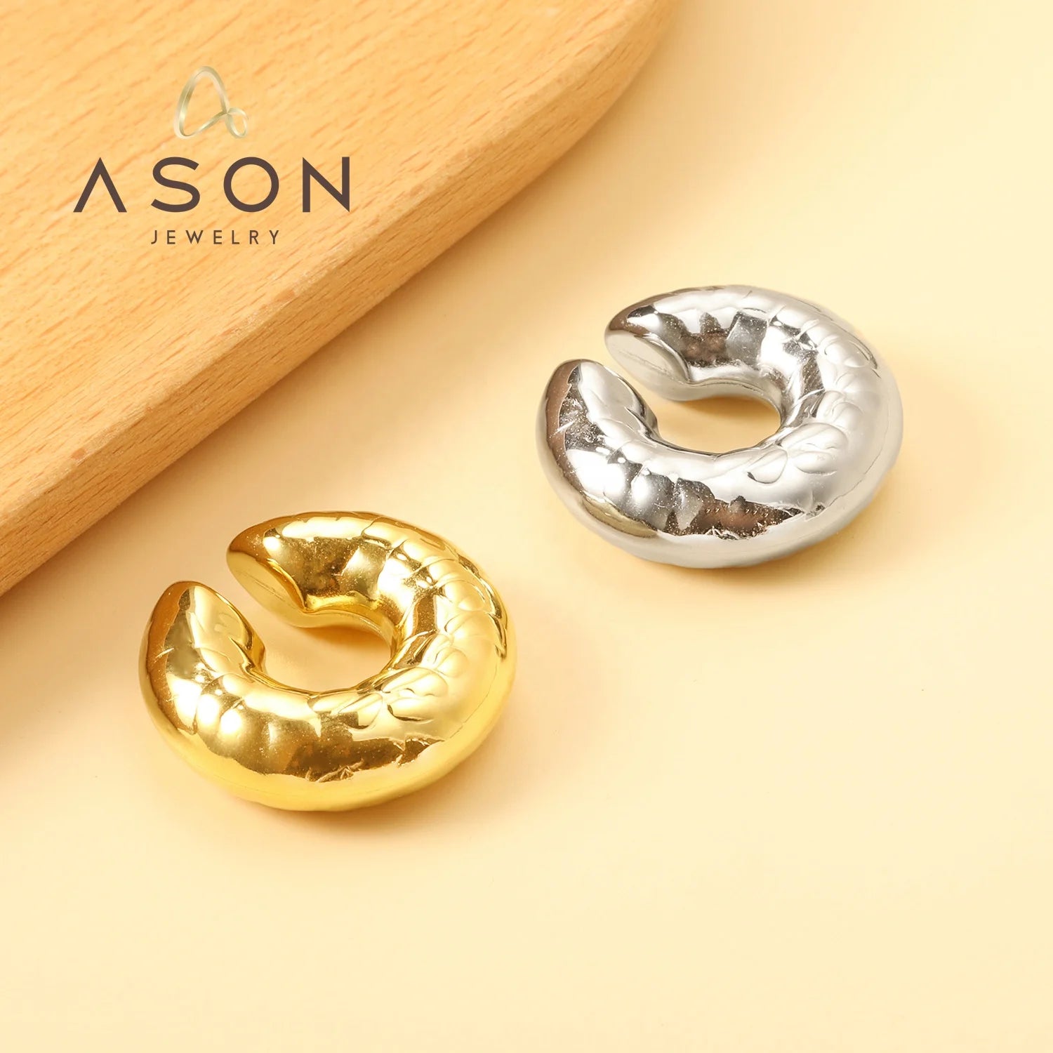 Ason Fashion Hollow Texture Gold Plated Hoop Earrings Waterproof Anti Tarnish Women Stainless Steel Jewelry Ear Cuff Earrings