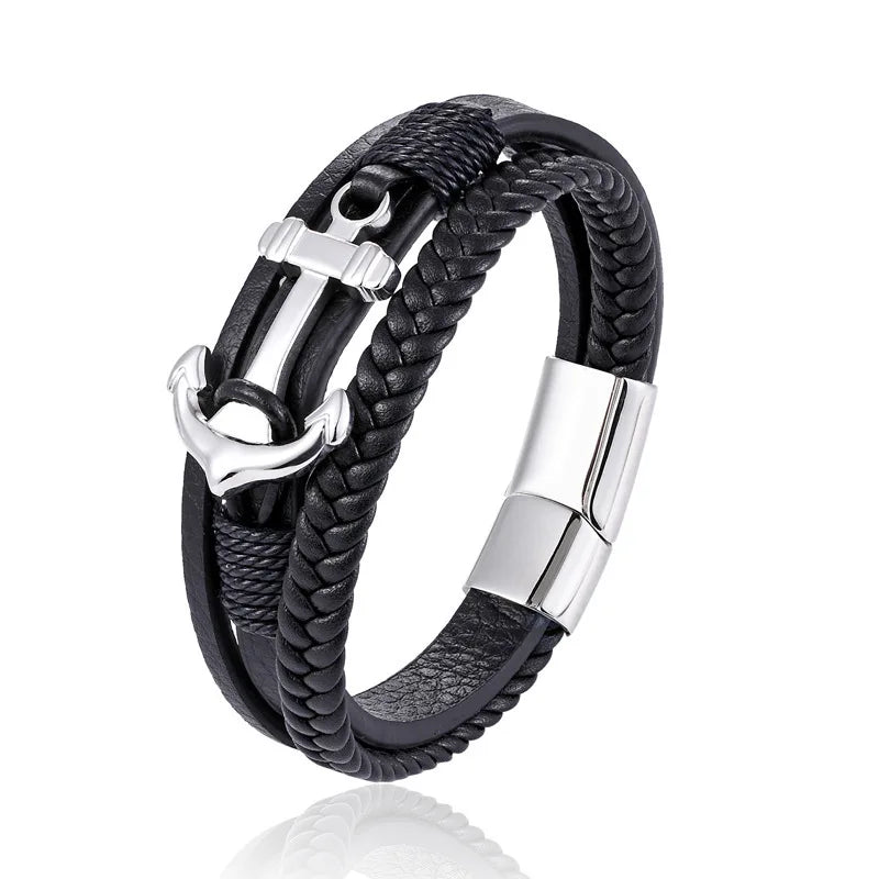 Hiphop Anchor Charm Braided Bracelets Stainless Steel  Rope Arm Band for Men Wrist Accessories Genuine Leather Bangle Jewellery