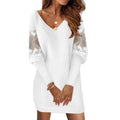 RNSHANGER White Lace Dress for Women Casual V Neck Spliced Long Sleeve Party Mini Dresses Women Fashion Elegant Dress
