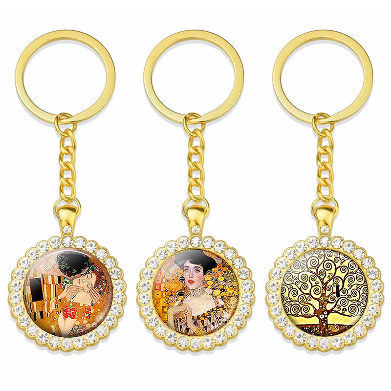 Bling Keychain for Women Gustav Klimt the Kiss Rhinestone Craft Golden Key Pendant Couples Gifts for Boyfriend and Girlfriend