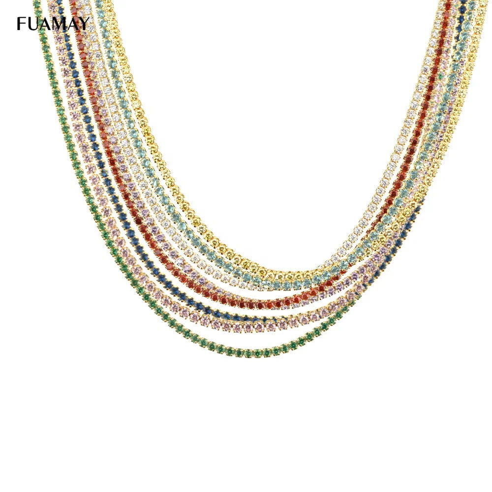 FUAMAY Sterling Silver Rainbow CZ Zircon Collar Tennis Necklace Rainbow Cubic Zirconia Chokers for Women