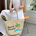 Handmade Women's Stylish Large Capacity Woven Straw Bucket Handbag Embroidered Open Closure Polyester Lining