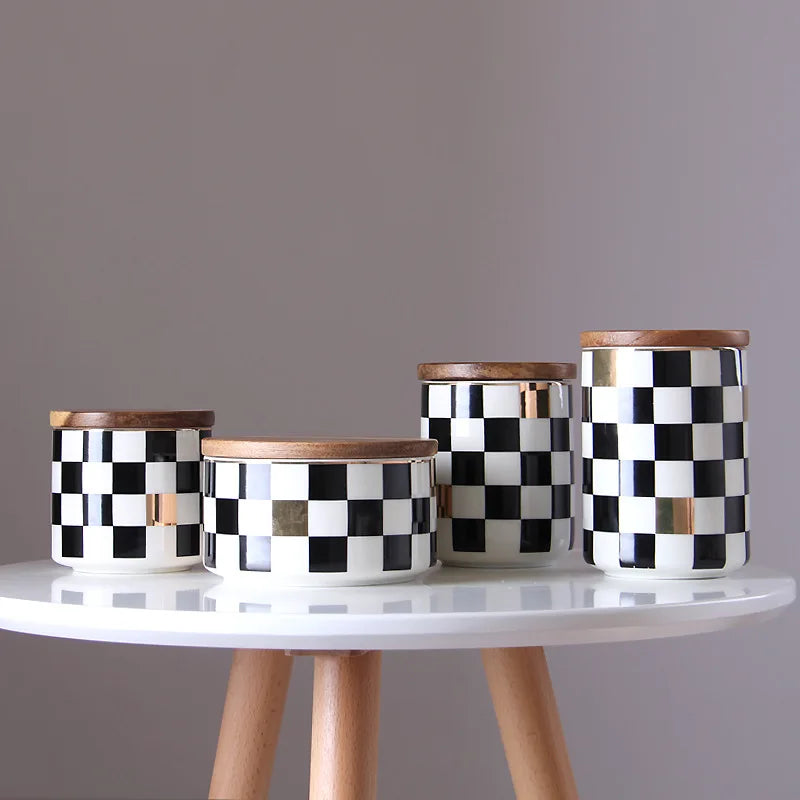 Nordic Checkerboard Pattern Ceramic sealed Jar with Wooden Lid Storage Bottles Canister Coffee Flower Tea Candy Cosmetic Jar