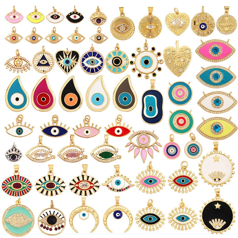 Diy Copper Plated Colorful Zircon Accessories Statement Geometric Round Heart Evil Devil Eye Necklace Pendant for Jewelry Making