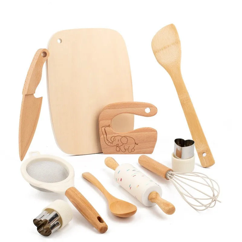 Montessori Children's Wooden Role Play Baking Cookware Sets Games Educational Pretend Tool Kitchen Gift Toys for Boys Girls