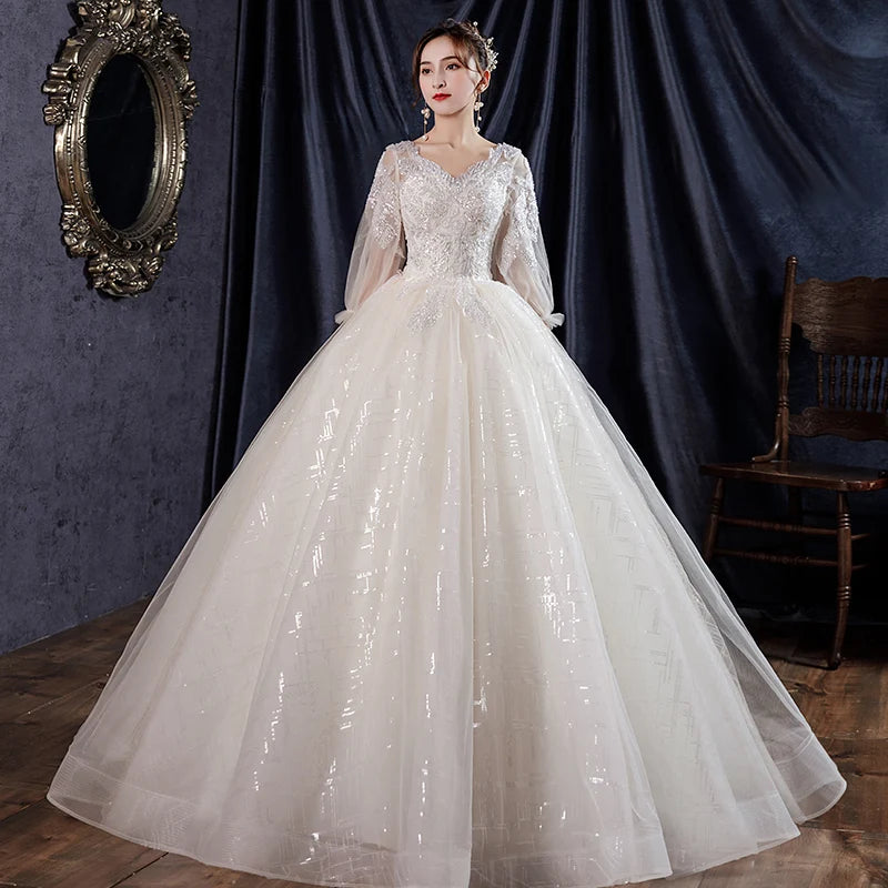 2021 Glitter Wedding Dress v Neck Long Sleeve Party Bridal Dresses Vestido De Noiva Gelinlik Arabic Shiny Bridal Gowns