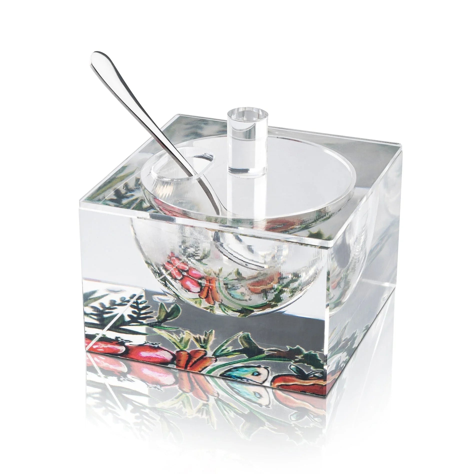 Rosh Hashanah Judaica Jewish Metal Spoon Clear Lid Painted Colored Square Acrylic Lucite Honey Dish