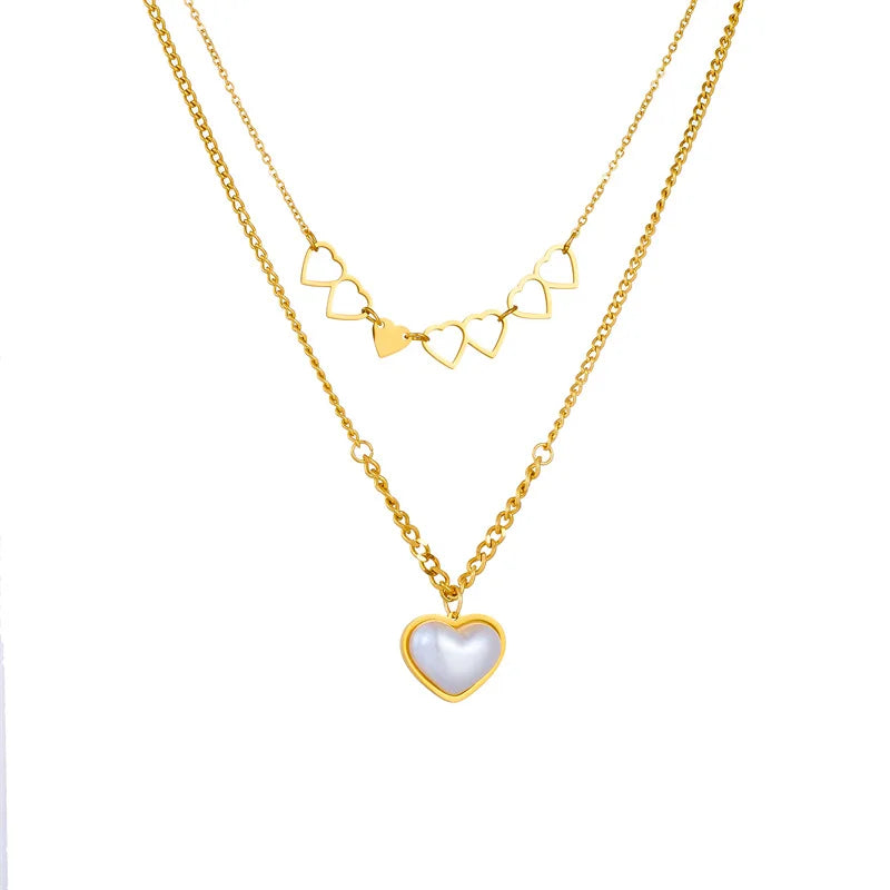 Fancy Gold Plated Hollow Love Heart Choker Necklace Double Layer Stainless Steel Pearl Heart Pendant Necklace for Lady