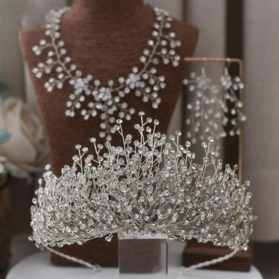 Jachon AB Iridescence Diamond Crown Colorful Shiny Bridal Rhinestone Bridal Tiaras Handmade Crystal Hair Crown Set