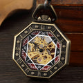Retro Unique Hexagonal Roman Number Pocket Watch FOB Chain Steampunk Poker New Steel Mechanical Hand-winding Bronze Pocket Watch