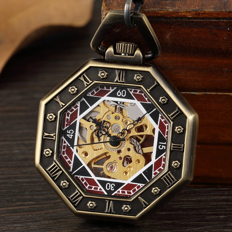 Retro Unique Hexagonal Roman Number Pocket Watch FOB Chain Steampunk Poker New Steel Mechanical Hand-winding Bronze Pocket Watch