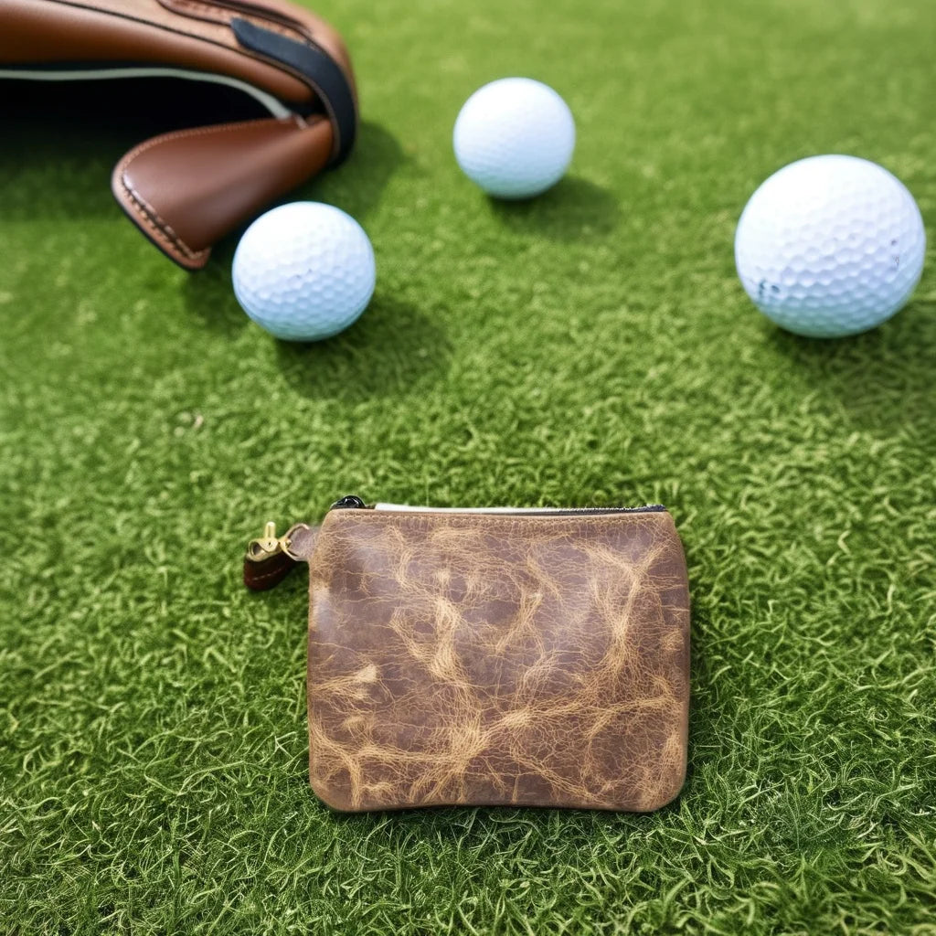 Personalized Golf Ball Pouch Bag Wholesale Genuine Leather Zippered Valuables Pouch Golf Tee & Accessory Bag with Clip