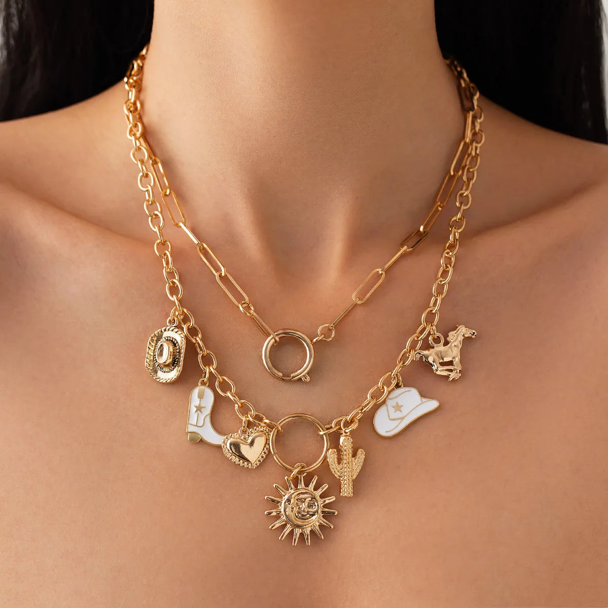 2Pcs/Set Trendy Oil Drop Cowboy Hat/Boots/Peach Heart Necklace for Women Retro Ladies Stacked Choker Collar Fashion Jewelry Gift