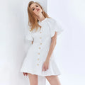 Women's Minimalist Casual Mini Dress with Round Neck Puff Sleeve and Patchwork Buttons Solid Pattern Woven and Eco-Friendly