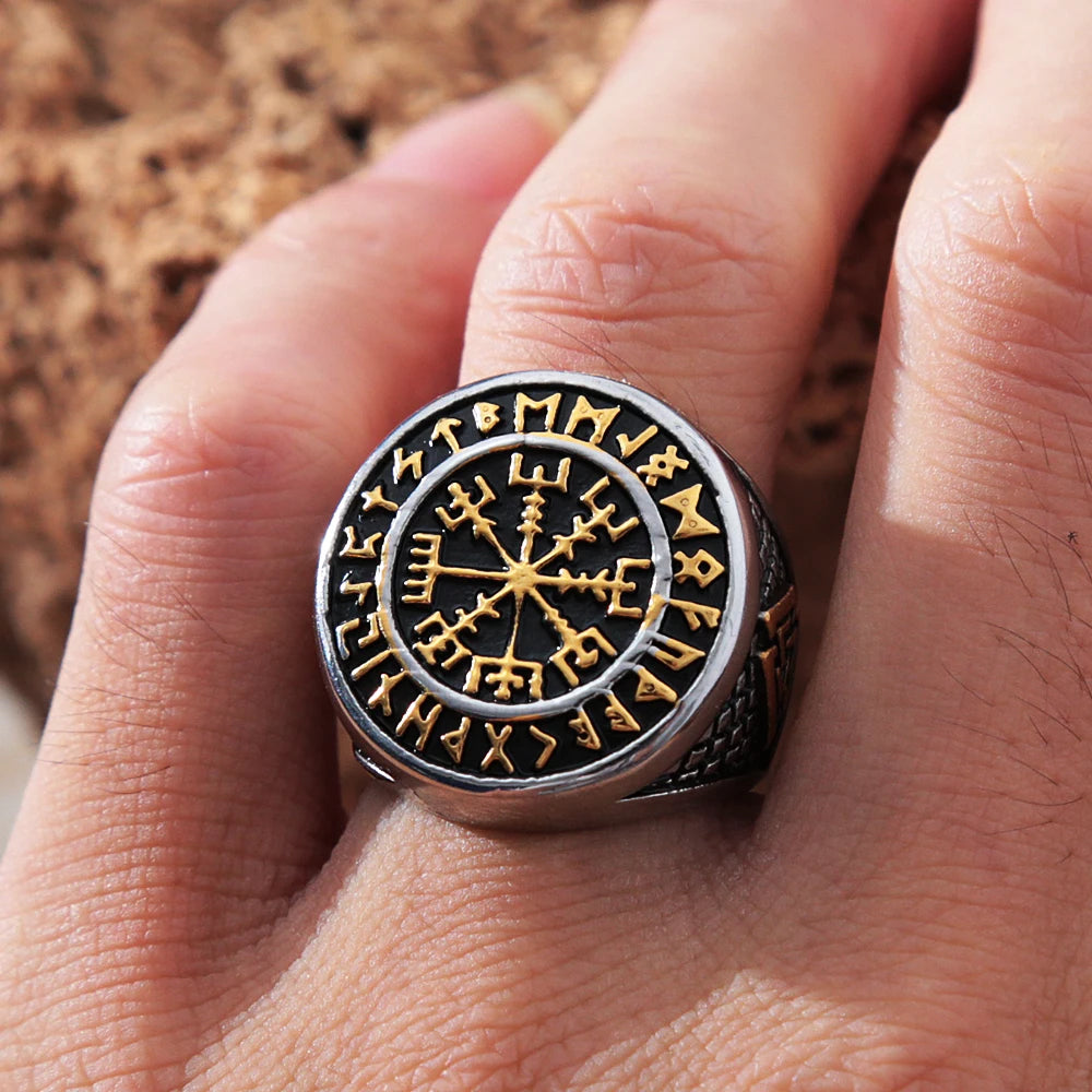 Viking Punk Jewelry Compass Ring Biker Odin Rune Rings Nordic Stainless Steel Ring for Men