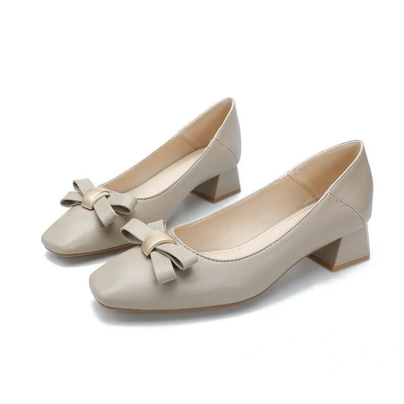 Bow Knot Women's Shoes Spring New square Toe Mid-heel Shoes Women's Thick Heels High Heels Temperament Soft Leather Fashion