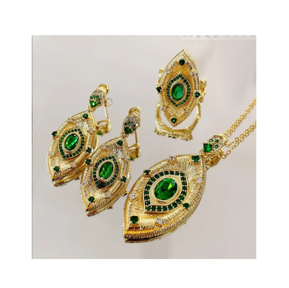 Fashon Green Eye Jewelry Sets Necklace Earrings Ring for Women Zircon Jewelry