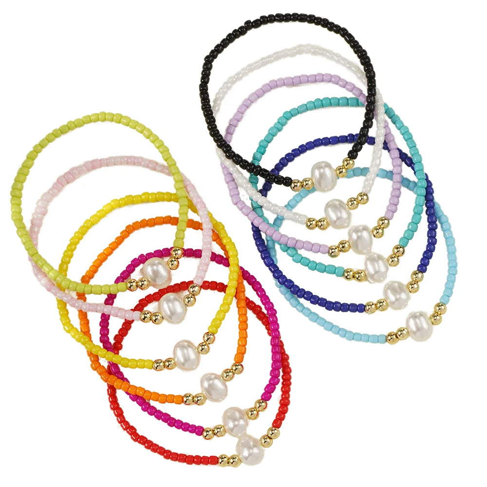 Go2boho Bohemian Elastic Faux Pearl Bracelet Colorful Glass Beads Gold Plating Fashion Jewelry for Women Friendship Children