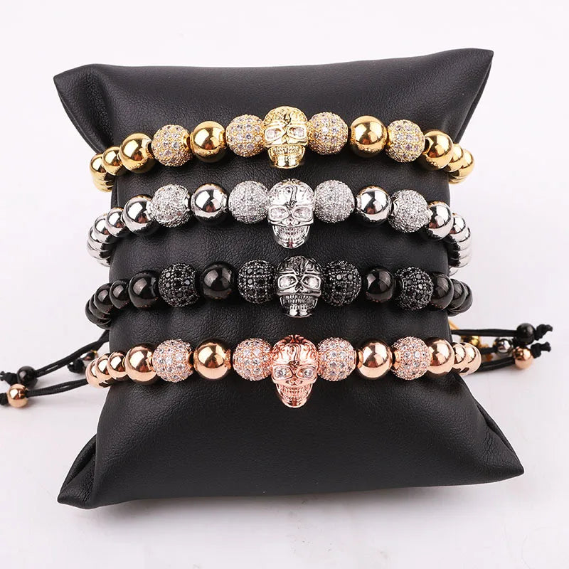 New Fashion Cubic Zirconia Skull Charm Stainless Steel Beads Custom Logo Luxury Macrame Bracelet for Men