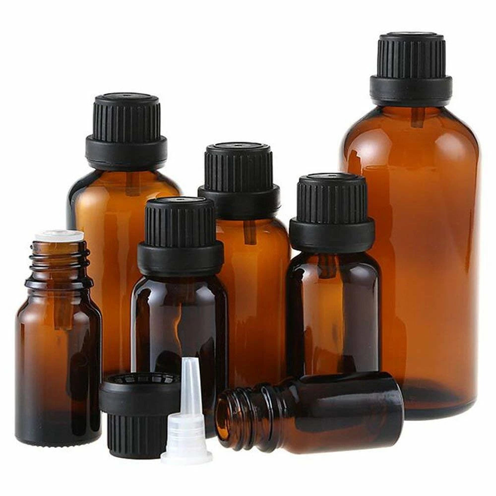 Empty Travel Sample Vials 5ml 10ml 15ml 30ml 100ml Amber Glass Essential Oil Bottle With Orifice Reducer and Tamper-Evident Caps