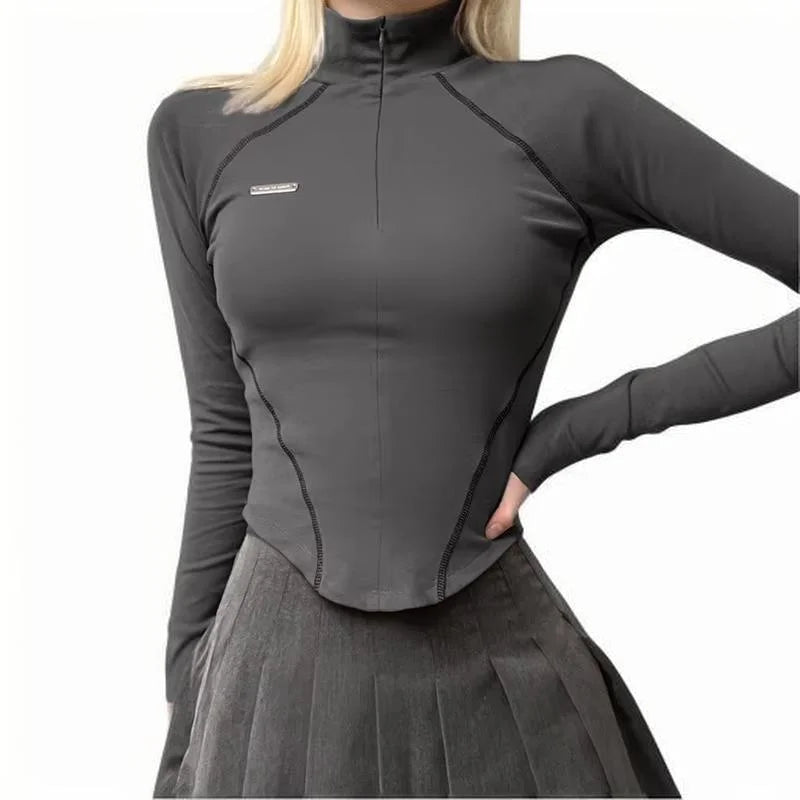 Slim-Fit Yoga Top Functional Vertical Collar Thinned Segmentation Invisible Zipper Irregular Hem Top
