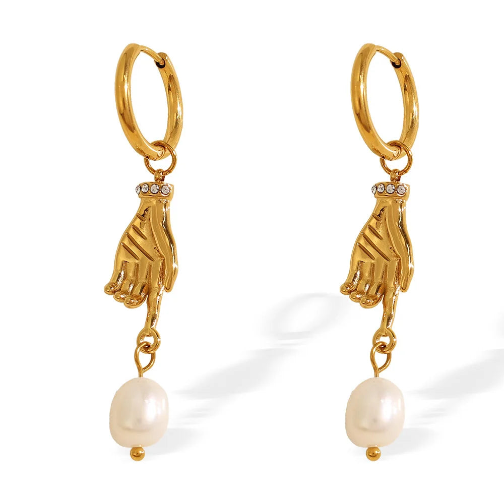 INS New Design Ins Freshwater Pearl Dangle Earrings 18K PVD Gold Plated Stainless Steel Hand Shape Pendant Hoop Earrings