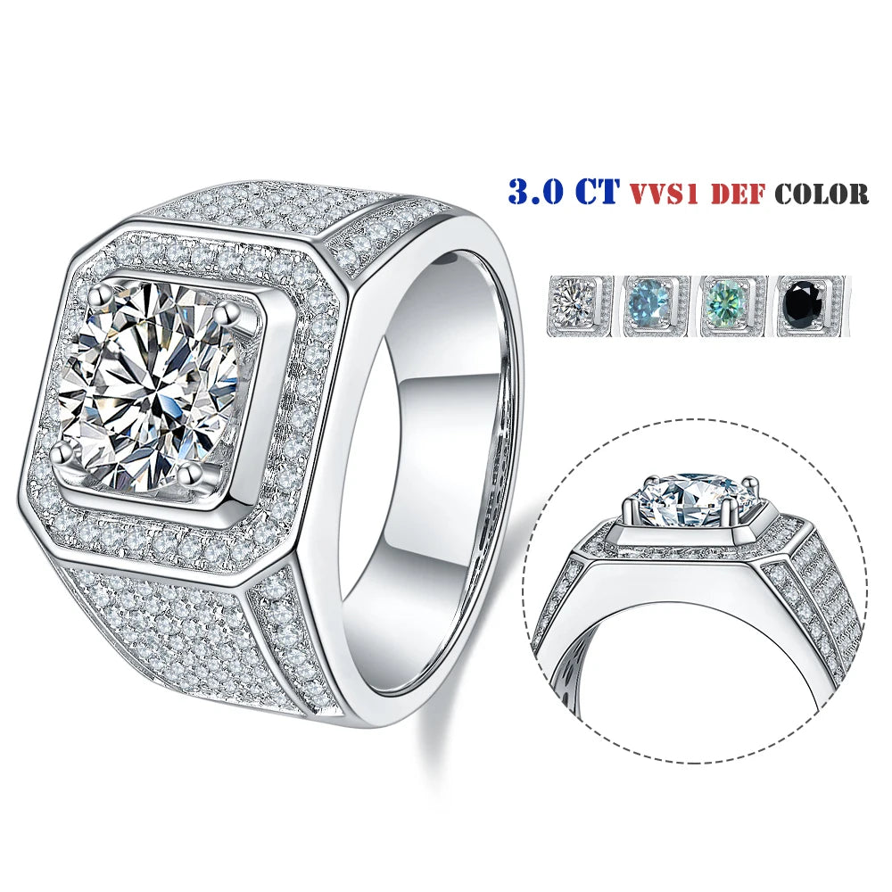 Abiding Jewelry Wholesale Customized Jewellery 925 Sterling Silver Ring 3 Carat Men Moissanite Men Ring