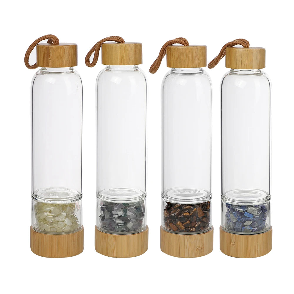 550ml Custom Design Natural Crystal Infused Glass Water Bottle Bamboo Lid Gemstone Water Bottle with Crystal Inside