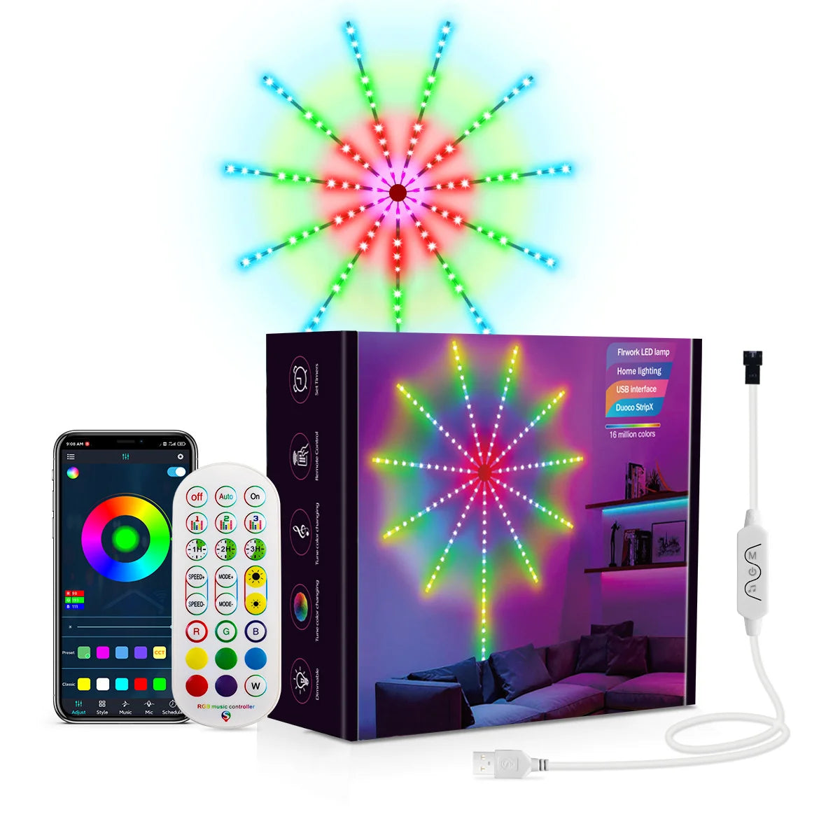 DIY APP Music Remote Firework Dream Color DC5V 60 Leds Meter Remote Music Control Rgb Pixel Fireworks Led Light Christmas