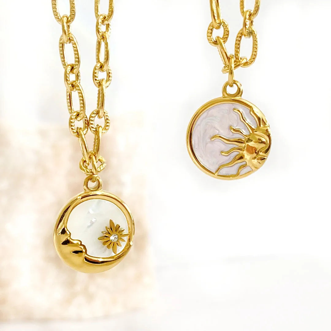 Cheap Price Gold Plating Stainless Steel White Enamel Sun Moon Flower Pendant Necklace for Women Girl