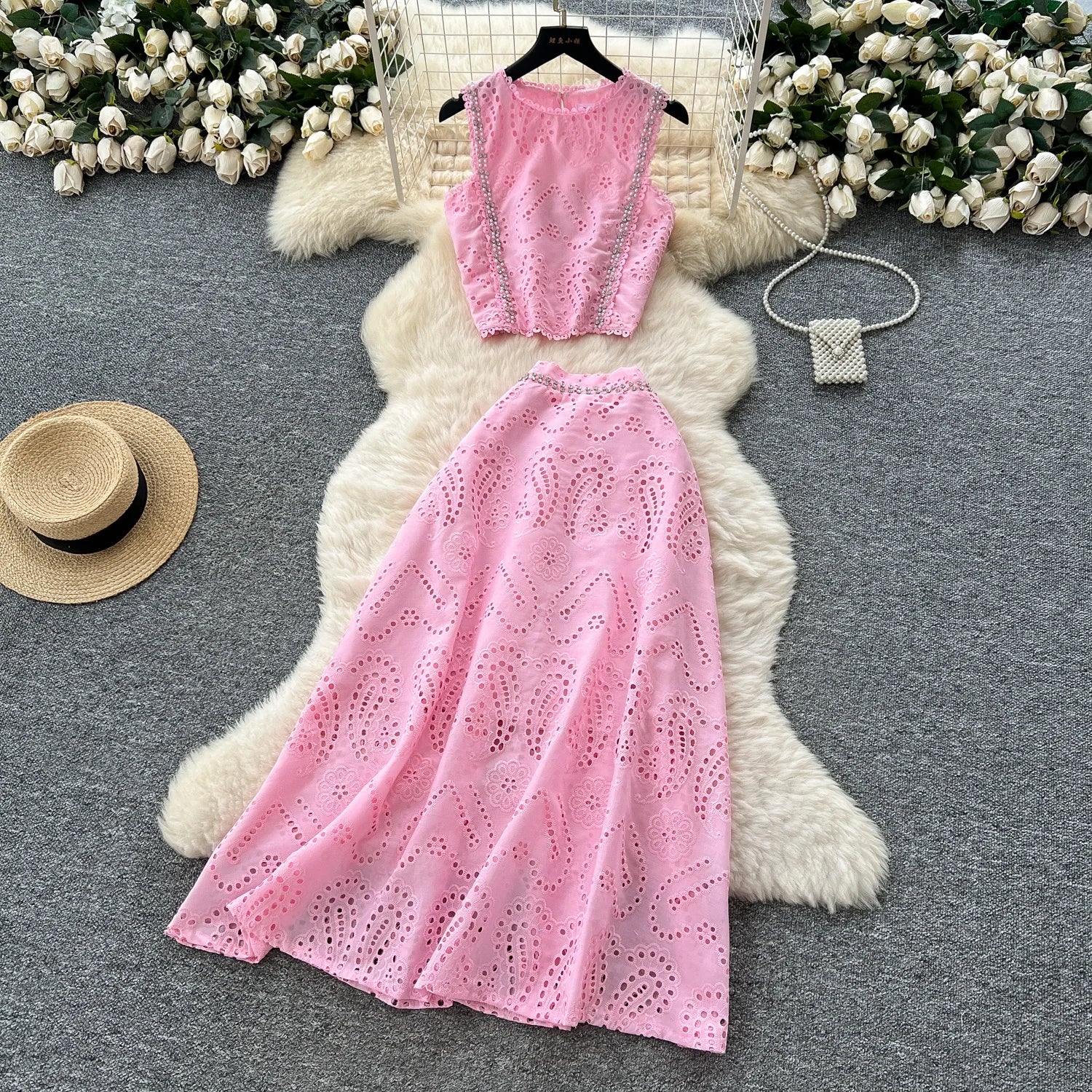 2025 Elegant Slim Tank Tops and Pleated Skirts Office Ladies Two Piece Skirts Set