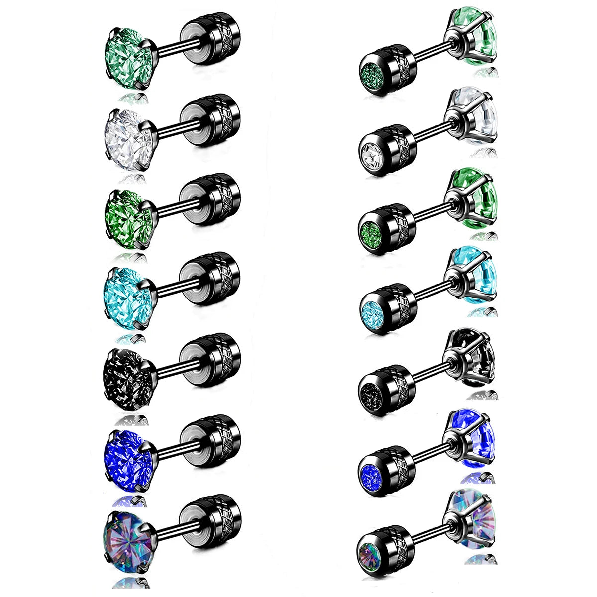 Stainless Steel Screw Back Stud Earrings for Women Men Rainbow Double Side 5A Cubic Zirconia Studs Earrings Piercing Jewelry