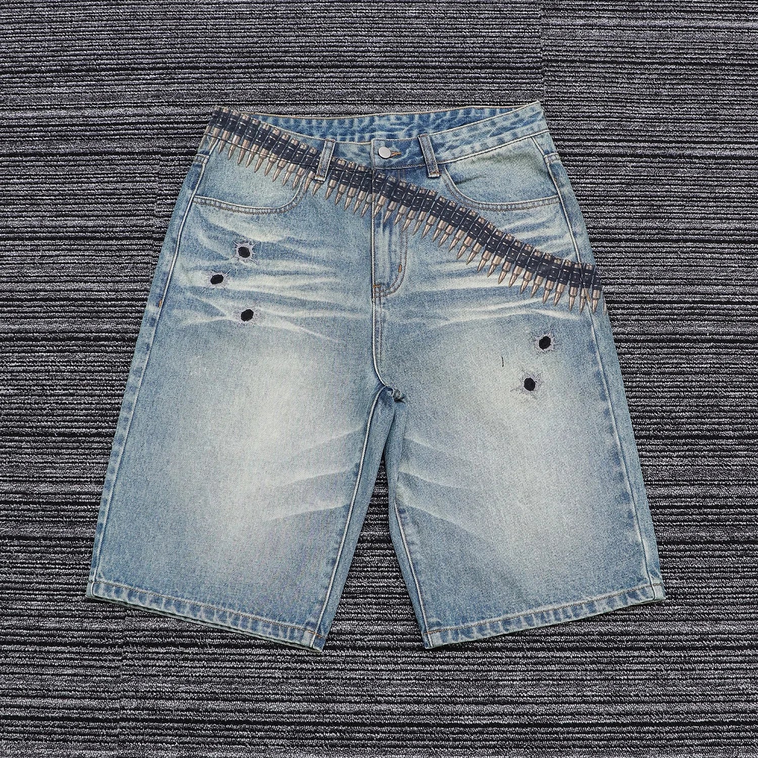 MC BUILD Brand Designer Jean Shorts Mid-rise Acid-wash Men Straight Denim Shorts with Bullet Hole Embroidery Design