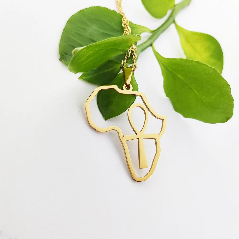 Ankh Pendant Joyeria Fina Stainless Steel De China Bijoux Plaqu or Africain Ankh Gold Plated Jewelry Africa Map Necklace