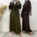 Lightweight Summer Abaya Dress Made in Bubble Crepe Fabric with Front Zipper and Long Sleeve Floral Lace for Muslim Women 6723#